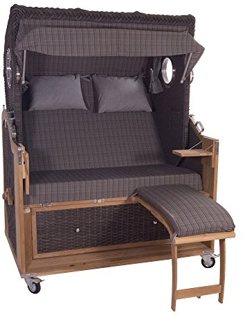 Strandkorb Kampen Spezial 2,5-Sitzer Mocca 58437 Polyrattan Teakholz Edelstahl Volllieger