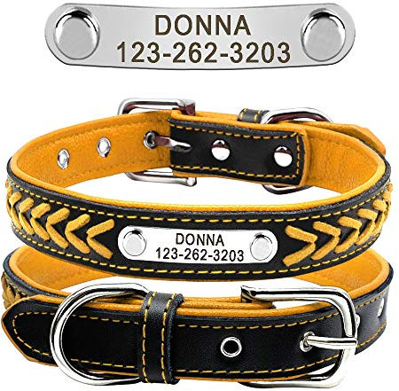 Beirui Personalized Soft Padded Dog Collar with Buckle Comfortable and Stylish Leather Dog Collar for Small Medium Large Dogs with Name Plate(M, Orange 30-39cm)