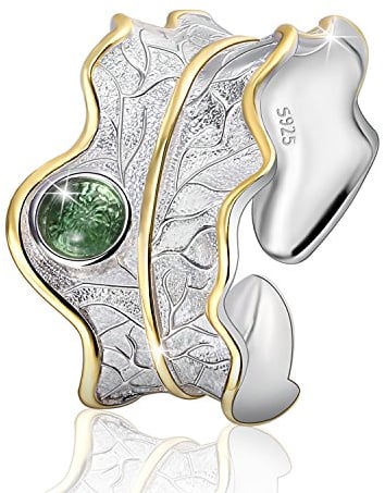 Springlight ✦ Ringe Frauen S925 Sterling Silber Breit Damen Blätter Grüner Stein/Bernstein Groß Naturstein Handmade Schmuck Personalisierte Geschenke.(Green)