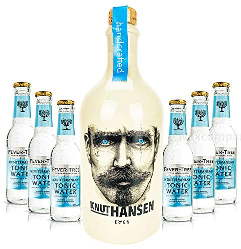 Knut Hansen Hamburg Dry Gin 0,5l (42% Vol) + 6x Fever-Tree Mediterranean Tonic Water 0,2 MEHRWEG Bar Longdrink Cocktail Sammlung Gin Tonic inkl. PFAND- [Enthält Sulfite]