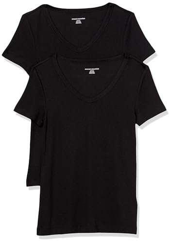 Amazon Essentials Women's Slim-Fit Short-Sleeve V-Neck T-Shirt, Pack of 2, Black, M