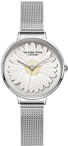 VICTORIA HYDE Silber Damen Quarz Uhren Edelstahl 3D Gänseblümchen Zifferblatt