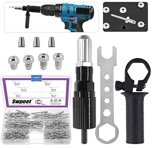 Swpeet Kit de 211 adaptadores de pistola de remache eléctrica de aleación de acero negro, incluye cabeza de remache de 2.4/3.2/4.0/4.8 mm de diámetro y llave de mango con 500 piezas de kit de remaches