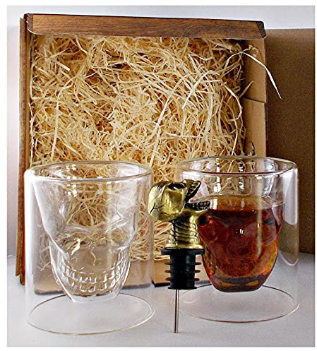 H-BO Geschenk 2 Totenkopfgläser Skull 100ml Glas + 1 Ausgießer Schädel Totenkopf