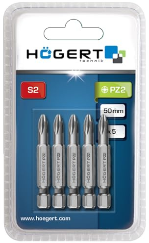 HÖGERT TECHNIK – PZ2 Schrauberbits 50 mm, 5 Stück, S2-Stahl, HRC 58–60, 1/4 Sechskantschaft, DIN 3126, langlebige Kreuzschlitz-Bits für Akku- & Netzschrauber, Profiqualität