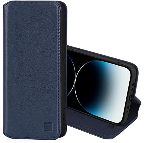 32nd Classic Series 2.0 - Real Leather Book Wallet Flip Case Cover For Apple iPhone 13 Pro (6.1), Real Leather Design With Card Slot, Magnetic Closure and Built In Stand - Navy Blue