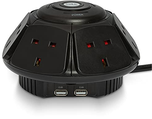 SLx Extension Lead with USB Slots, 1m, Multi USB Plug, Surge Protected, 6 x UK Plug Sockets, 2 x USB Sockets, Phone & Tablet Charging Home Office Accessories (Black)