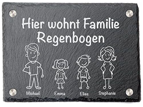 Türschild mit personalisierbarer Gravur - Schiefer - Hier wohnt Familie Regenbogen - mit Abstandhalter aus Edelstahl - Wasserabweisende Schutzschicht - outdoor