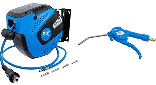 BGS 3297 | Druckluftschlauch mit Aufroller | automatisch | 10 m + 1,5 m Zuleitung | 180° schenkbar & 3208 | Druckluft-Ausblaspistole | 100 mm | Drukluftpistole | Griff aus blauem Nylon-Fiberglas