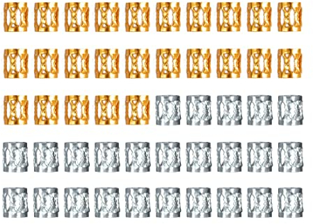 50 Stück Aluminium Dread Lock Verstellbar Metall Cuffs Haar Dekoration DIY Stil Dreadlocks Perlen Flechtet Haar Schmuck (Gold+Silber)