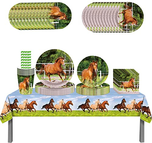 ZOOMPIL Cheval Party Vaisselle d'Anniversaire, 70pcs Ensemble Vaisselle Anniversaire, Chevaux Assiette Papier Tasse Serviette Nappe Paille pour Cheval Decoration Anniversaire (8 Invités)