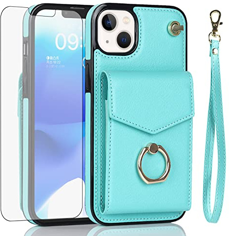 Asuwish Phone Case for iPhone 12 Mini 5.4 Wallet Cover with Tempered Glass Screen Protector and RFID Blocking Ring Credit Card Holder Leather Cell iPhone12mini 5G i 12s iPhone12 12mini Women Men Teal