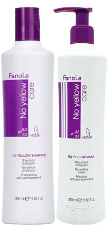 Fanola No yellow Silber-Glanz-Shampoo Anti-Gelbstich, 350 ml & No Yellow Mask neutralisiert Gelbtöne, Haarmaske Anti Gelbstich, Silbermaske pflegt aufgehelltes, gesträhntes & graues Haar, 350ml