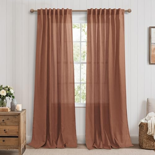 Terrakotta-Leinen-Vorhänge, 213 cm lang, Rückseite, Schlaufen/Stangentasche, lichtfilternd, Boho-Dekor, rostfrei, Set 2 Paneele für Wohnzimmer Schlafzimmer, gebranntes Orange