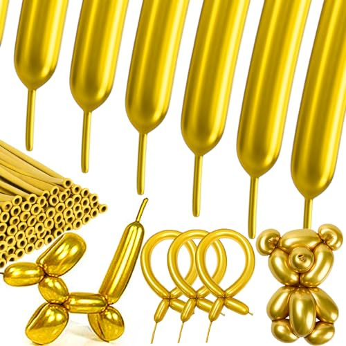 SULALABOO 100 Stück Modellierballons Gold Luftballons Lang Ballons | Tiere Formen Metallic Latex für Geburtstag Jubiläum Party Hochzeit Dekoration