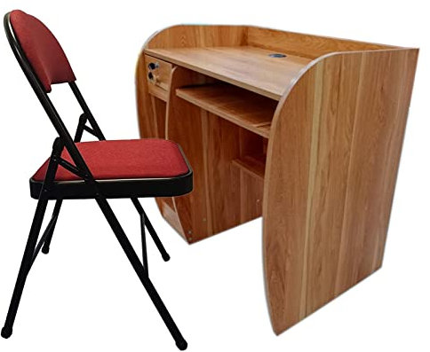 Meta Home Office Desk & chair set, Teak Computer Desk With Shelve & Sliding Keyboard Tray PC Laptop Table For Writing Workstation Bedroom Study Furniture (Computer table & Red chair)