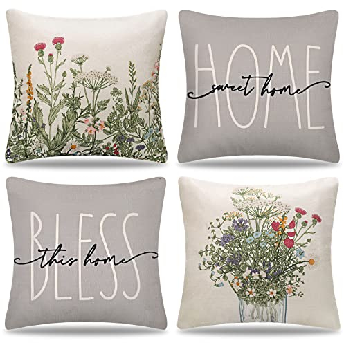 DakTou Kissenbezug 40x40 Frühling Sommer Outdoor Kissen Sofakissen Deko Kissenhülle Blumen Grün Pflanze Blatt Leinen Kissenbezüge für Sofa Couch Schlafzimmer Wohnzimmer Terrasse 4er Set