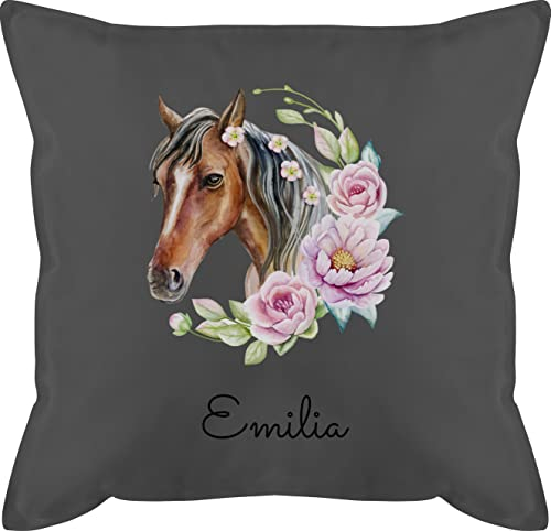 Kissen 50x50 - Pferd Pferde - Wunschname Pferdekopf Name I Pferdemotiv I Geschenk Pferdemädchen - 50 x 50 cm - Grau - kinderkissen pferdekissen Reiter Horse schmusekissen Baumwolle personalisierte