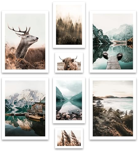 ARTFAVES® Set di poster - FIUME MISTÌ - decorazione da parete in più parti Soggiorno e camera da letto - 8 quadri da parete moderni Lago di Braies, azzurro, montagne, cervi, Dolomiti - senza cornice