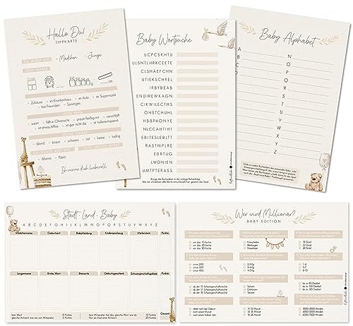 luftundliebe Babyparty Spiele - 5 Spiele mit je 12 Karten zum ausfüllen - Stadt Land Baby - Babyshowerparty - Boho