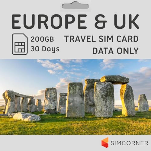 Prepaid-SIM-Karte für Europa und Großbritannien, 200 GB, 30 Tage, kein Tageslimit, Verwendung in 50 Ländern, einfache Aktivierung der SIM-Karte, 3-in-1-Größe, passend für Mobiltelefone, iPads, Tablets
