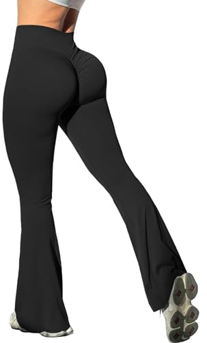 Navneet Damen Scrunch Leggings Schlaghose Yogahose Booty Flared Leggings High Waist Wide Leg Freizeithose Yoga Pants Schwarz M