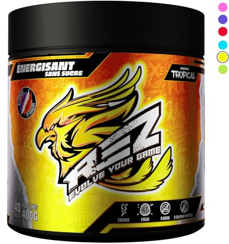 Rez | Energy Drink en Poudre | Boisson Énergisante SANS Sucre | Colorants et Arômes Naturels | Fabriqué en France | 40 Shakers en 1 Pot (400g (Lot de 1), Tropical)