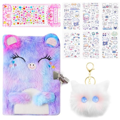 Secret Diary with Lock Gifts for Girls Plush Cat Journal Notebook Cat Keychain 6 Page Stickers and Crystal Heart Stickers Cute Birthday Gifts for Girls 6-14 Year old Stationary Sets for Kids