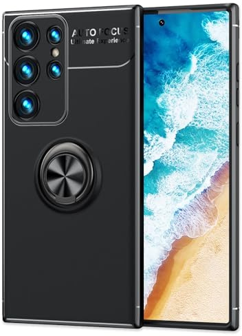 NALIA Ringhülle für Samsung Galaxy S24 Ultra - Hülle, Schwarz | Integrierte Metallplatte, Erhöhter Kamerarand als Linsen-Puffer, Flexibles TPU, Anti-Fingerabdruck-Finish