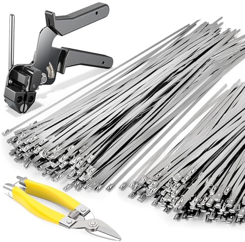 Cable Tie Gun Kit, Specialized Tool For Tightening And Cutting Stainless Steel Cable Ties, Comes With 200 Pieces Of Uv-Resistant Heavy-Duty Metal zip Ties And Industrial Scissors.