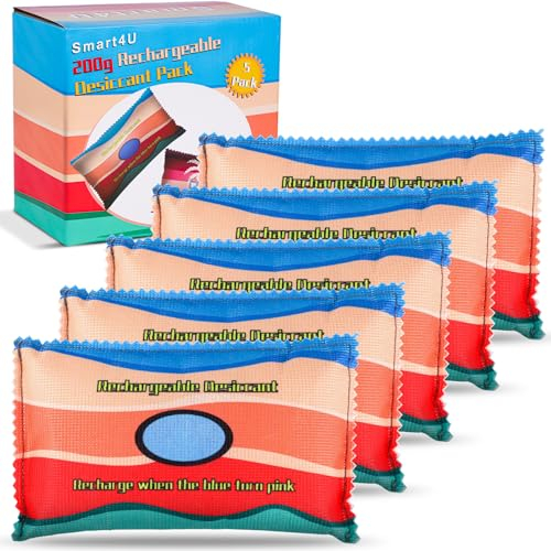 Smart4U Car Dehumidifier - Rechargeable Desiccant Pack of 5 x 200g, Silica Gel Packets for Storage, Gun Safe Dehumidifier, Reusable Moisture Absorbers for Cars, Safes, Closets, Tools