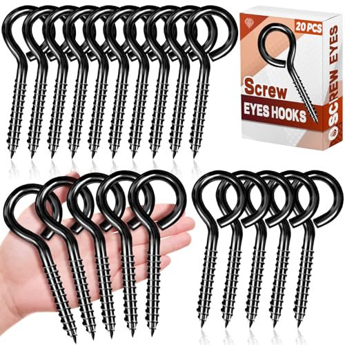 FFWHKON 20 ganci a occhiello da 12,7 cm, ganci a vite in acciaio inox, resistenti e neri, grandi ganci a vite per appendere, fissaggi, applicazioni resistenti