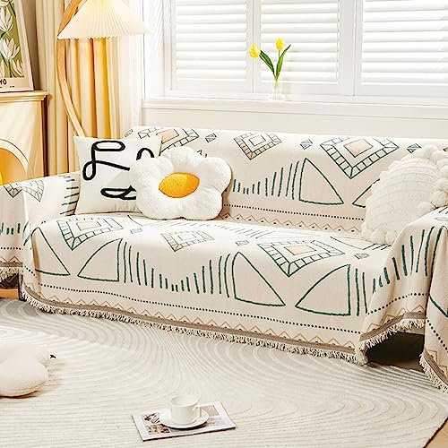 KnSam Home Sofabezug, Geometrische Muster Sofa Überzug 3 Sitzer, Anti-Rutsch Waschbar Sofa Protection Cover Sofahusse Chenille Anti-Rutsch-Couch (180x260CM, Beige Grün)