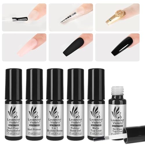 Lavender Violets Rubber Base Gel Top Coat and Base Coat Set 6 Ps Nail Primer and Dehydrator,5 in 1 Builder Base ,Glossy & Matte Top Coat Strengthener Nail Extension Nail Glue Gel C200