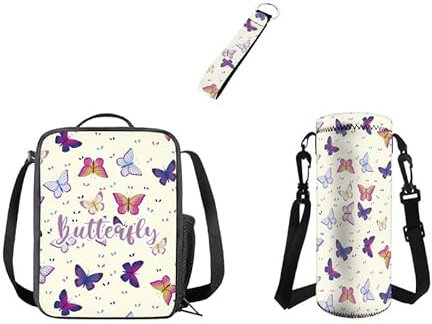 Kuiaobaty Colorful Butterflies Girls 3Pcs Lunch Bag Set Student Keychain, Butterfly Print Water Cup Cover Thermal Food Bag