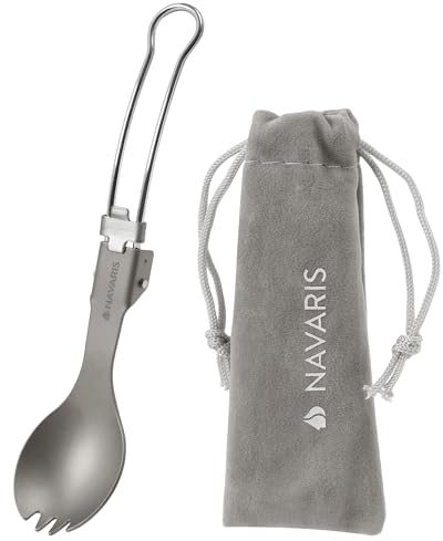 Navaris Fourchette Pliable - Couvert pour Popote Camping et Bivouac - Cuillère Fourchette 2 en 1 en Titane - Couvert de Voyage Léger et Compact - Longueur de 16,5 cm Dépliée