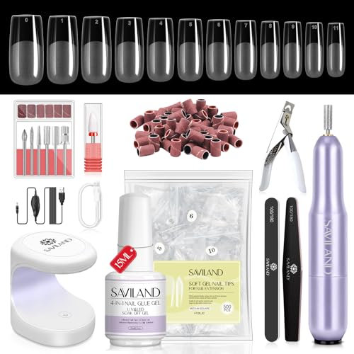 Saviland Capsule Ongle Kit, 500 PCS Faux Ongles Caree Moyen, avec Portable Lampe à Ongles, Colle à Ongles 6 en 1, Ongle Gel Kit Complet pour DIY Nail Art