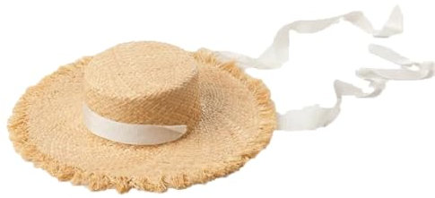 Chapeau de paille à bord plat tricoté à la main pour femme avec sangles réglables, blanc, Taille unique