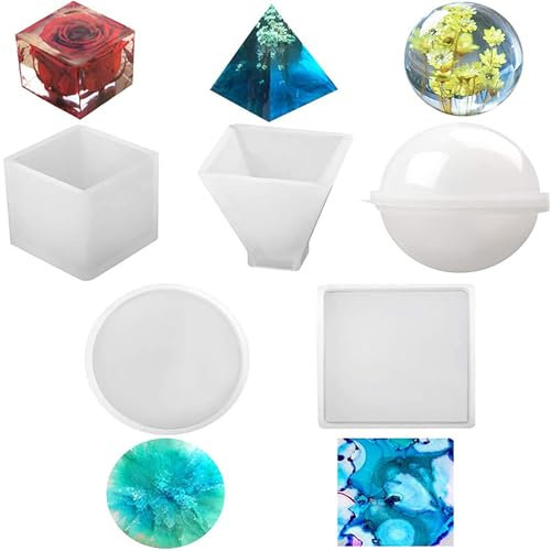 Welhammsae Resin Silikonform Gießform Set, 5 Stück Epoxidharz Formen SetKugel, Würfel, Pyramide, Quadrat, Rund, DIY Schmuck Crafting für Einem Anfängerset