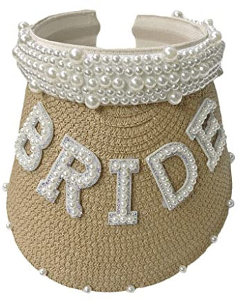 JSGHGDF Sombrero de paja para novia, sombrero de boda con perlas para novia, decoración de letras para mujer, para tomar fotos, caqui, M-L