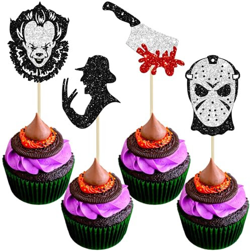 Gyufise 24Pcs Killer Birthday Cupcake Toppers Halloween Bloody Knife Decorations Horror Classic Movie Characters Cupcake Picks for Halloween Baby Shower Birthday Cake Decorations Black
