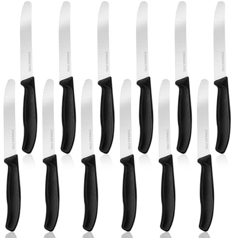Sprifityy 12 pezzi Coltelli da Bistecca, Coltelli Bistecca con Bordo Seghettato, Coltelli da Carne Taglio Efficace Ergonomico, Coltelli da Tavola per La Casa e Il Ristorante, Lavabile In Lav(Nero)