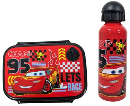 My sweety pop Lunch-Set – Brotdose + Trinkflasche – Lunchbox – Hydration – für Kinder – Krippe – Kindergarten – Schule – Urlaub – Mahlzeit – Geschenkidee (Cars – Rot/Schwarz)