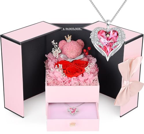 ELEUTH Cadeau Femme Rose Éternelle Fleurs Ours Boite, Roses Préservées avec Collier, Ours en Rose Coffret Cadeaux pour la Fete des Meres Anniversaire Mariage Saint-Valentin