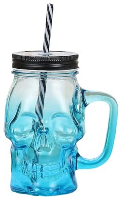 Factorys Einmachgläser mit Griff, 480 ml Totenkopf-Bierkrug mit breiter Öffnung, Trinkbecher mit Strohhalmen, Pub Bar Trinkbecher für Getränke, Likör, kalte Getränke (Blau)