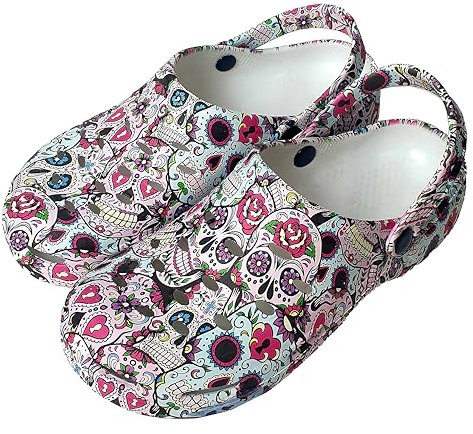 ZOCODIP Zuecos Sanitarios Mujer Pro Divertidos Trabajo Cómodos de Goma Ligeros Laboral Enfermera y Hostelería con Diseño Dibujos Hidroimpresión Calaveras mejicanas Rosas. 36