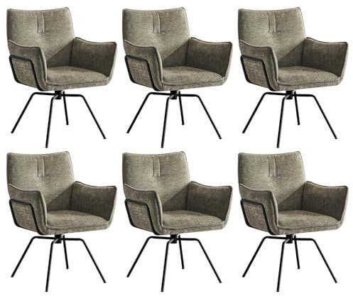 Hellove Akzent-Schreibtischstuhl, Esszimmerstuhl, Drehbarer Samt-Polsterstuhl mit Armlehnen, Mid-Century-Modern Stühle mit Stahlbeinen für Esszimmer, Küche, Wohnzimmer,Braun, 6 Stühle