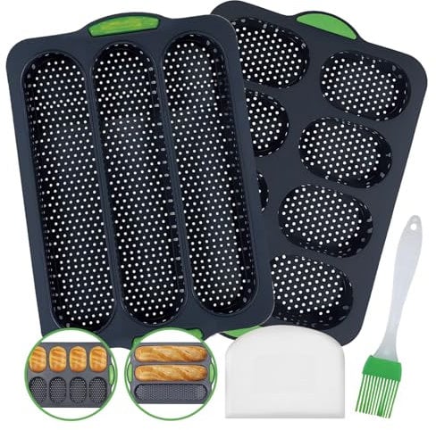 2 Pièces Moule à Pain,Moule Baguette Silicone 3 Grilles,Plaque à Pain Baguette Français Antiadhésif avec Couteau en Silicone et Pinceau à Huile,Accessoires de Cuisine pour Muffins Gâteaux Biscuit