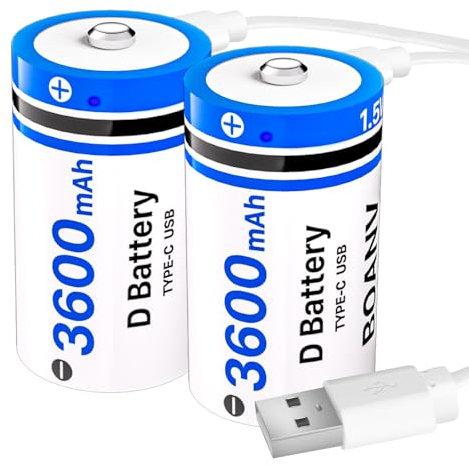 3600mAh BOANV D Batteries,1.5v Rechargeable Lithium D Batteries with 2 in 1 USB-C Chrging Cable x2, LR20 1.5v D Size Cell Batteries for Floodlight & Toys 2 Pack
