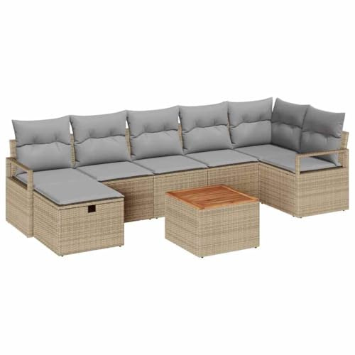 vidaXL 8-teiliges Garten-Sofa-Set mit Kissen in Beige aus Poly-Rattan. Wetterfestes, modulares Sitzmöbel für die Terrasse oder den Balkon. Lounge-Sektionale Sitzanordnung, UV-beständig.